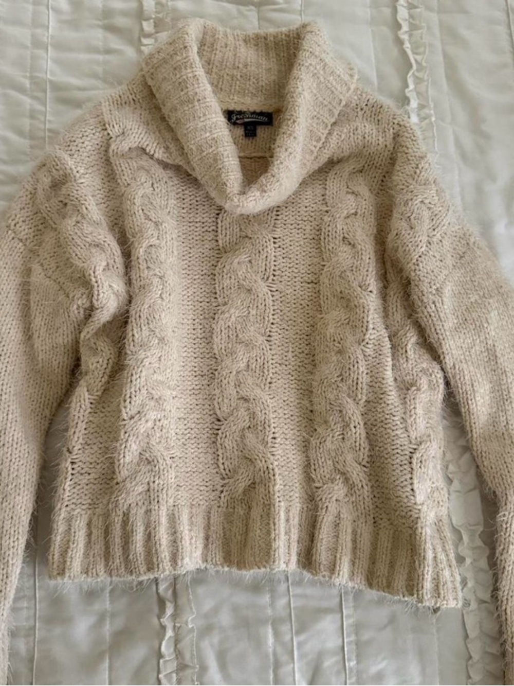 Cable Knit Shawl Collar Sweater - Cream